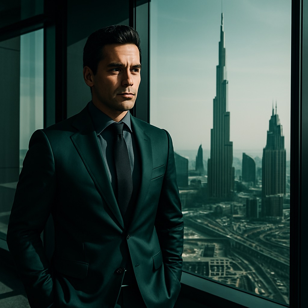 Investor mit Blick über die Skyline von Dubai